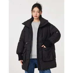 Metersbonwe Women's Winter Adjustable Waist Loose Duck's Down Jackets Solid Color Stand Collar Medium-Length Ladies Warm OutWear