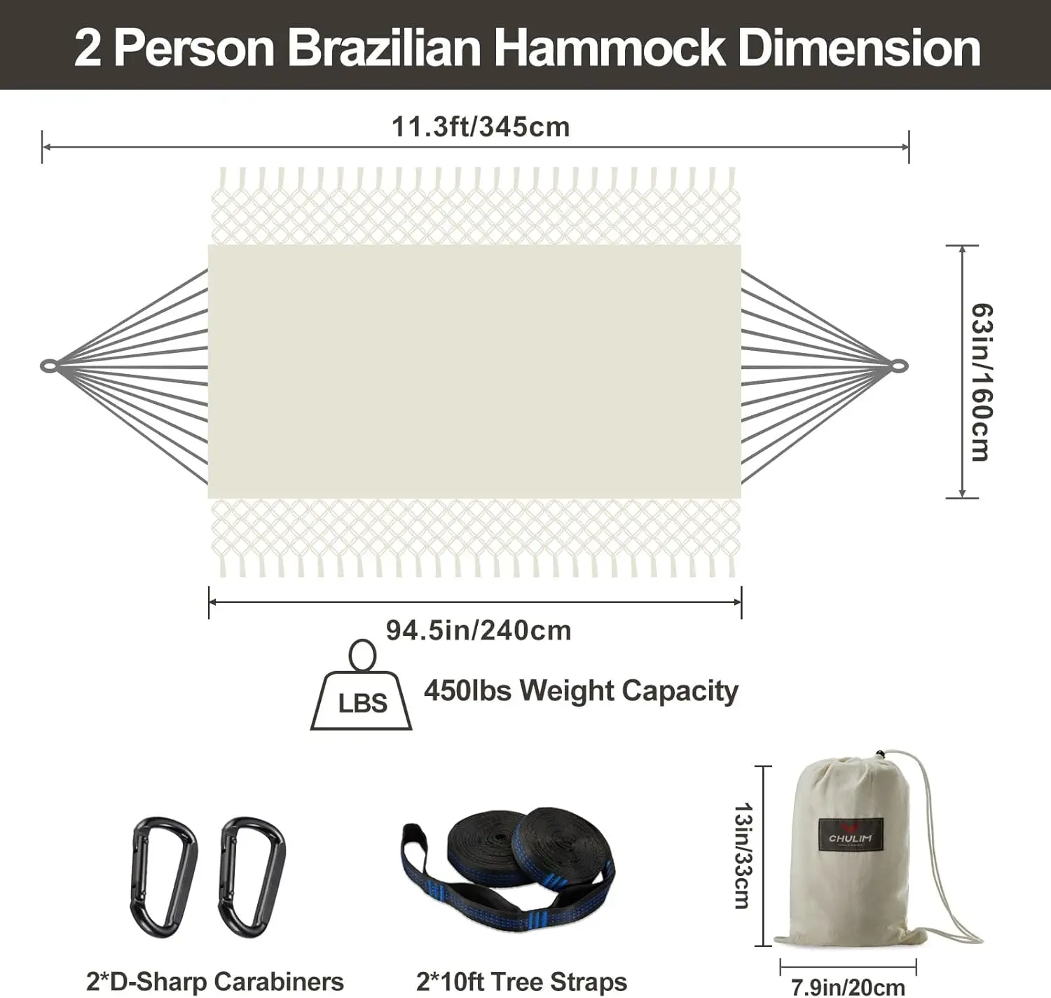 Extra Large Double Hammock with Tree Straps, 94x63IN for Two, 450lbs Capacity, Soft Cotton Fabric - Natural White