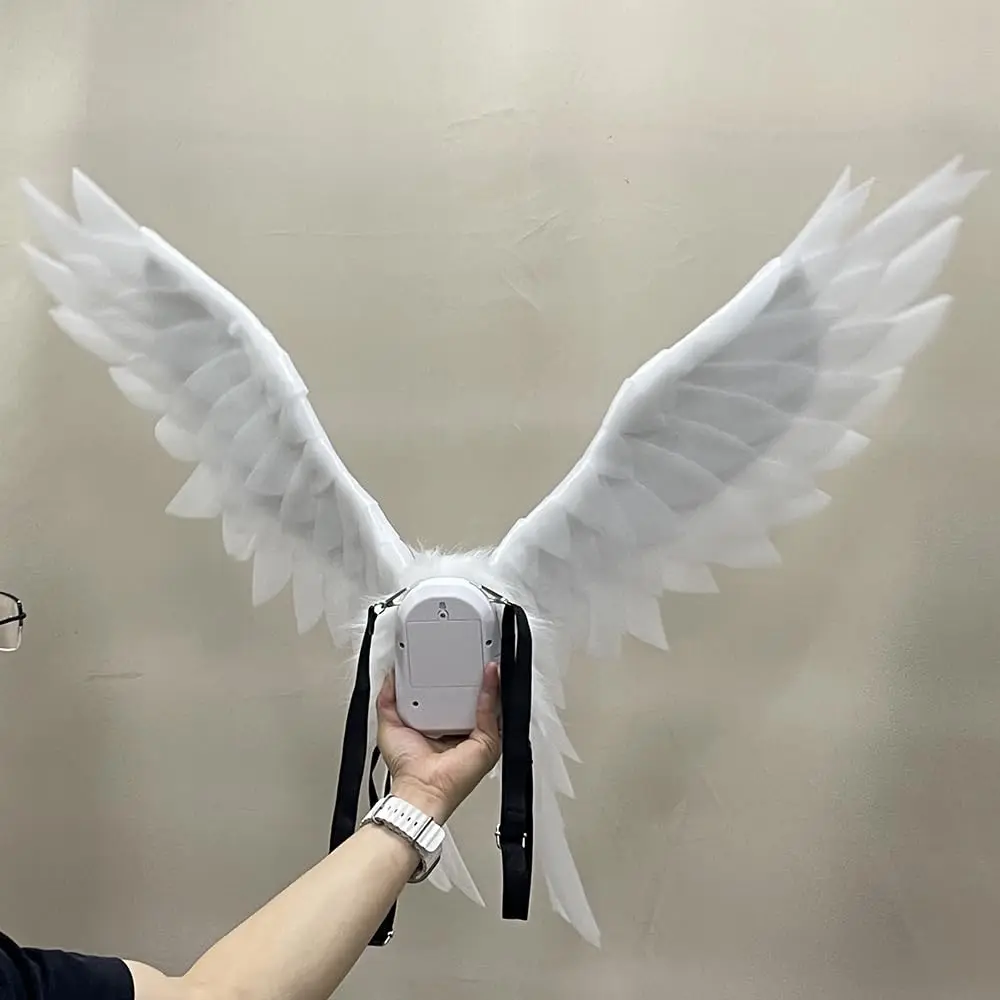 Adult Electric Movable Angel Wings - Lightweight Black & White Feather Cosplay Wings with Adjustable Straps