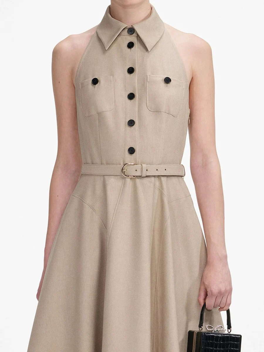 فساتين TWOTWINSTYLE متينة بحزام مقسم للنساء مع طية صدر السترة بدون أكمام بخصر عالٍ وأزرار مرقعة فستان أساسي للسيدات