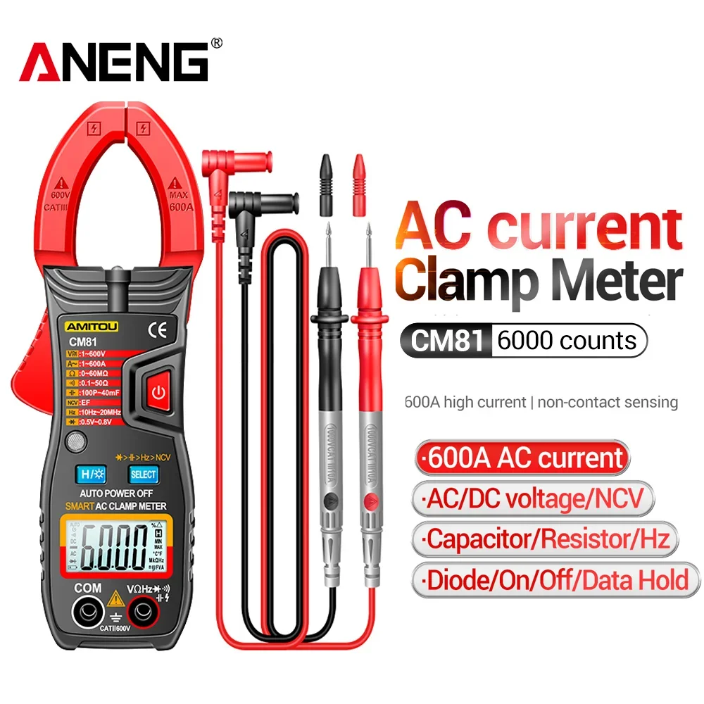 ANENG nero/rosso CM81 600A AC pinza multimetro 6000 conteggi amperometro Ohm Hz tester pinza amperometrica strumenti ad alta precisione