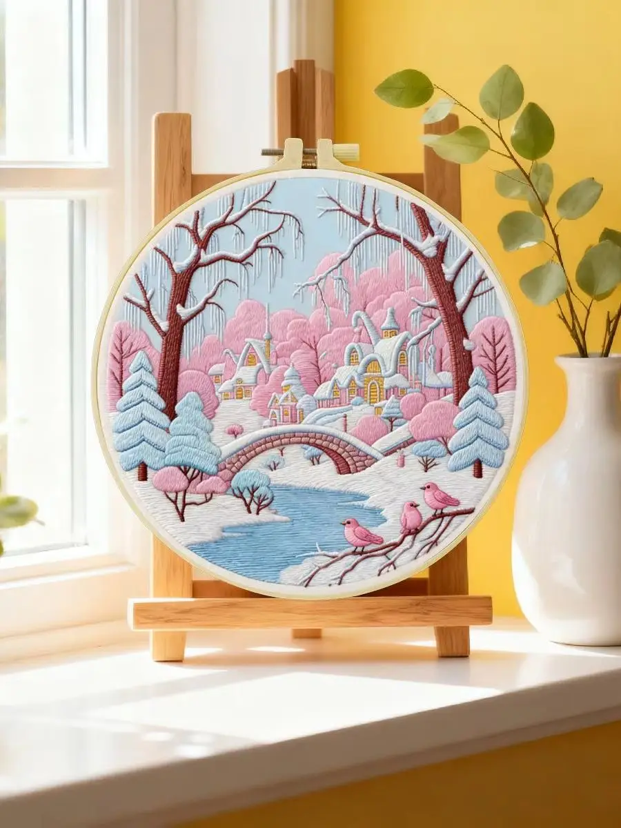 1 Stück 20X20CM/15X15CM 7,87/6,3 Zoll Schönes Schneelandschafts-Stickerei-Starter-Kit DIY-Kit DIY-Stickerei-Set Handarbeiten – Detail 6