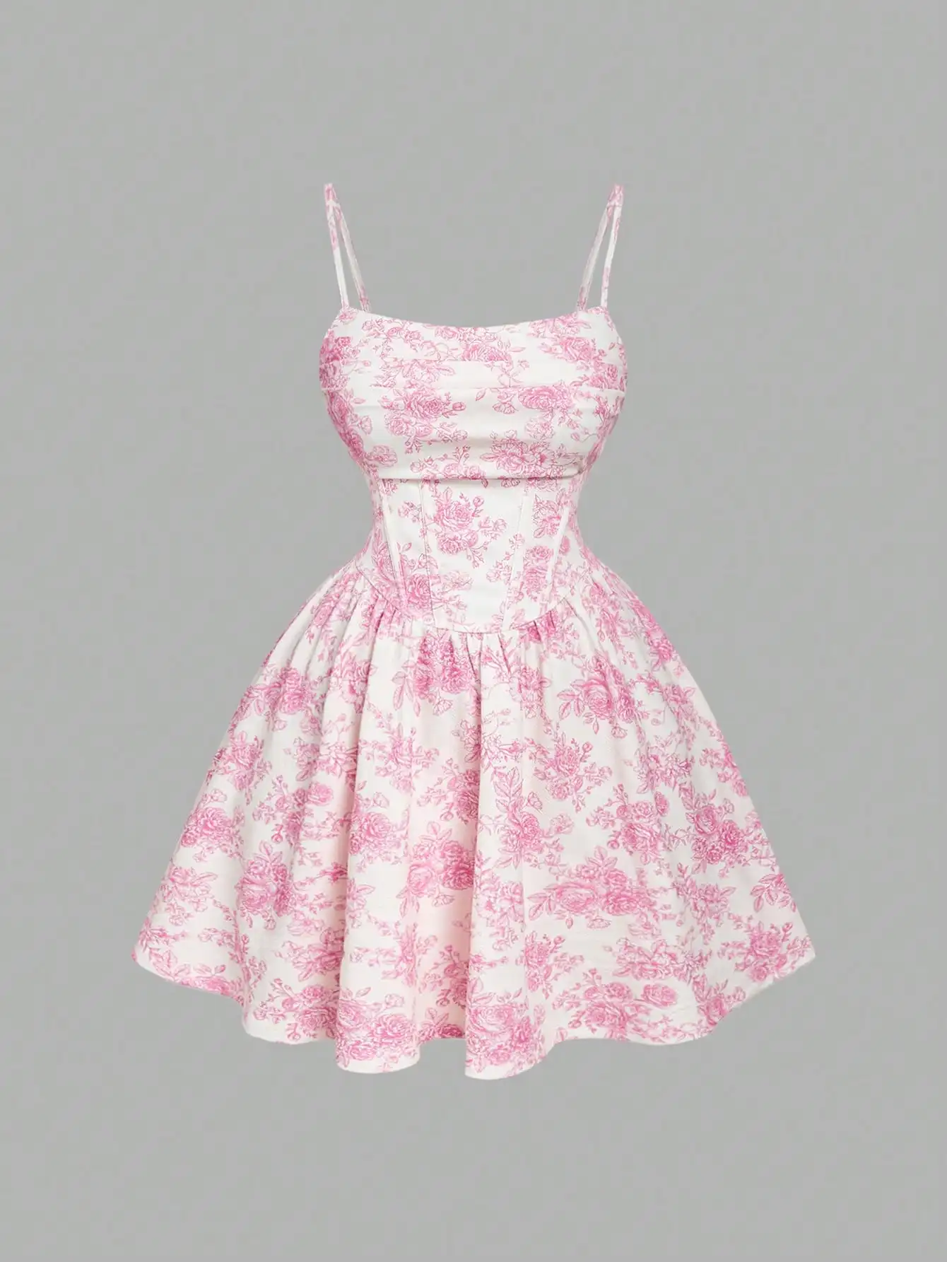 

Pink Floral Print Corset Waist Slip Dress with Ruffle Hem, A-Line Mini Dress for Summer