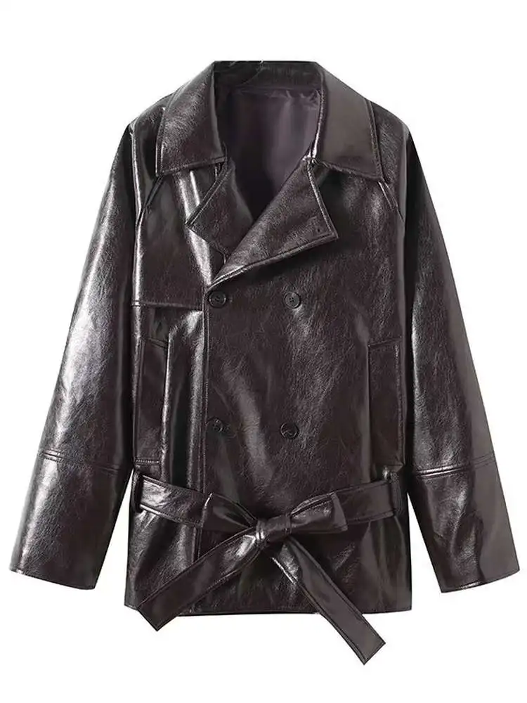 معطف نسائي غير رسمي من جلد البولي يوريثان لخريف 2025 مع حزام طويل Sve بياقة مقلوبة محاكاة سترة جلدية #5