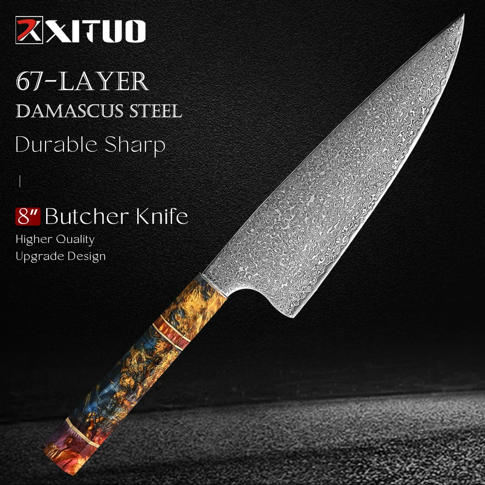 

Japanese Wide Chef's Knife 8-inch Pro Damascus Steel Butcher Knife Razor-Sharp Kitchen Knife Octagonal Stabilized Wood Handle