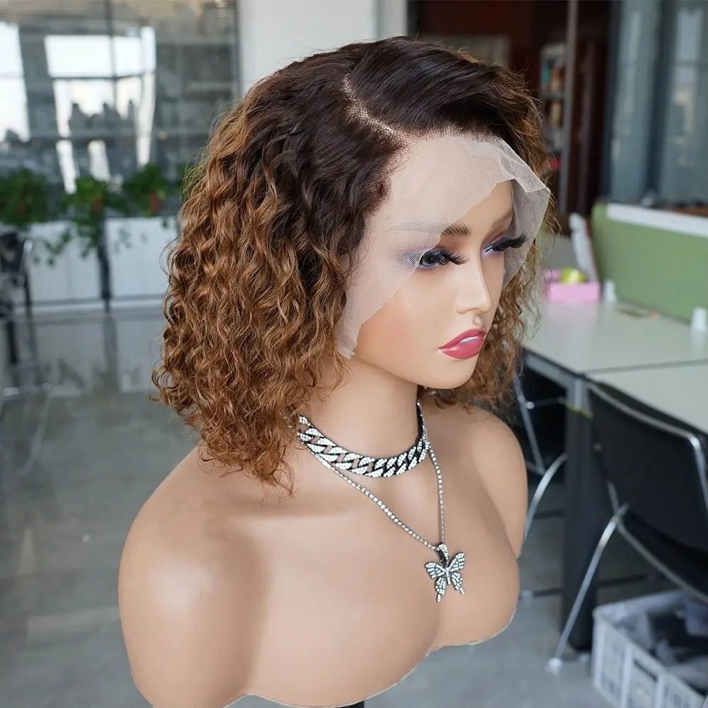 T430 Ombre Brown Short Curly Bob Wig 13x4 Lace Frontal Human Hair Wig Deep Wave Bob Wig PrePlucked Brazilian Remy Hair