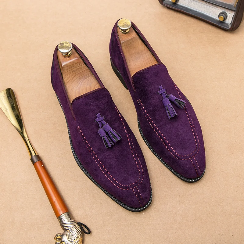 Brand Designer Men Suede Leather Shoes Vintage Purple Tassel Loafers Men Moccasins Casual Flats Slip-On Men\'s Social Dress Shoes