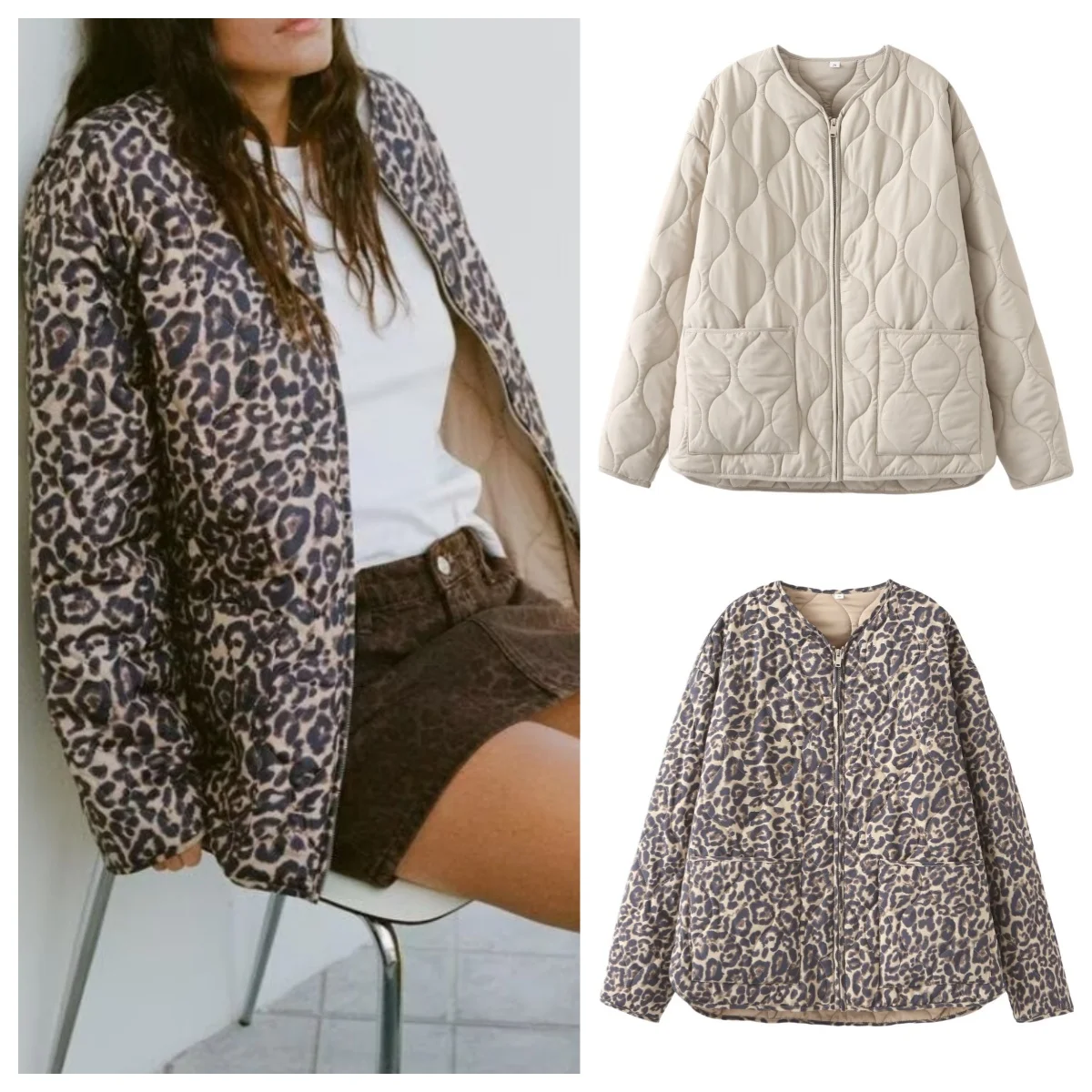 Leopard print small V-neck loose casual cotton jacket for women winter new style fashionable all-match popular cotton jacket