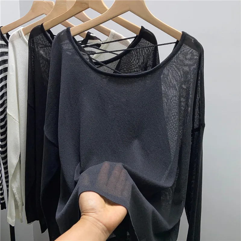 Striped Knitted Sunscreen T-Shirts Women Round Neck Long Sleeve Loose Hollow Out Backless Smock Tops Spring Summer Thin Tees