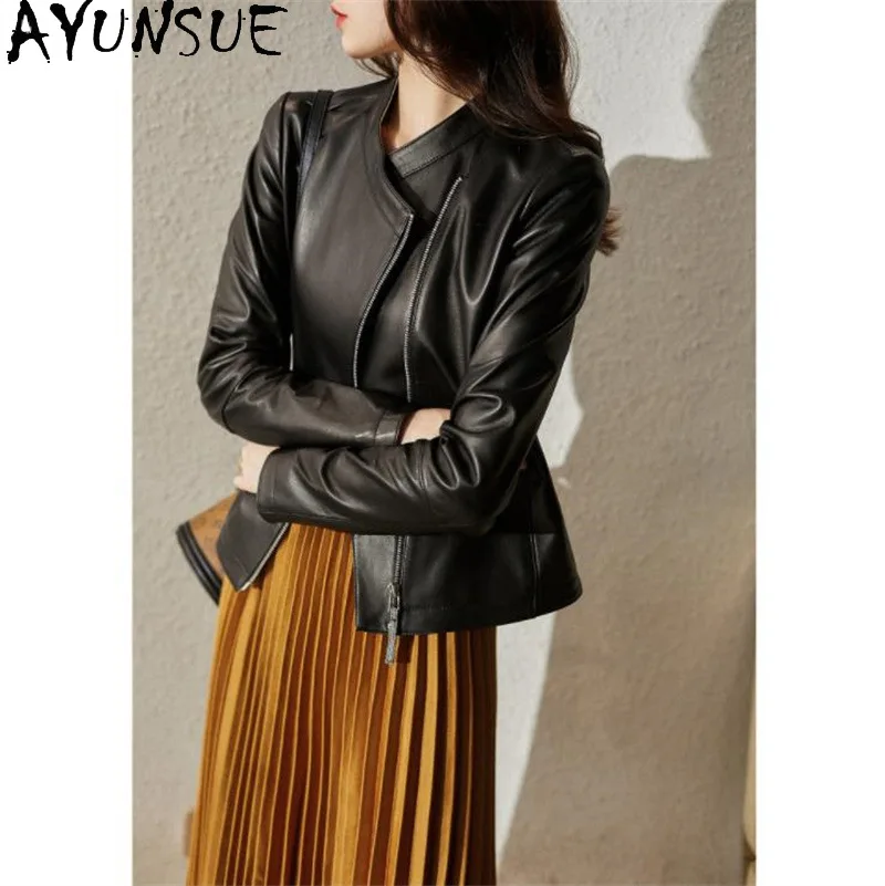 

AYUNSUE Real Leather Jacket Woman 2026 Spring Autumn Black Sheepskin Coat for Women Clothes Slim Fit New Style Casaco Feminino