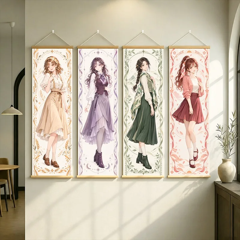 Anime Women in Gold, Lavender, Green and Red Dresses Hanging Scroll with Elegant Floral Illustration for a Reading Nook