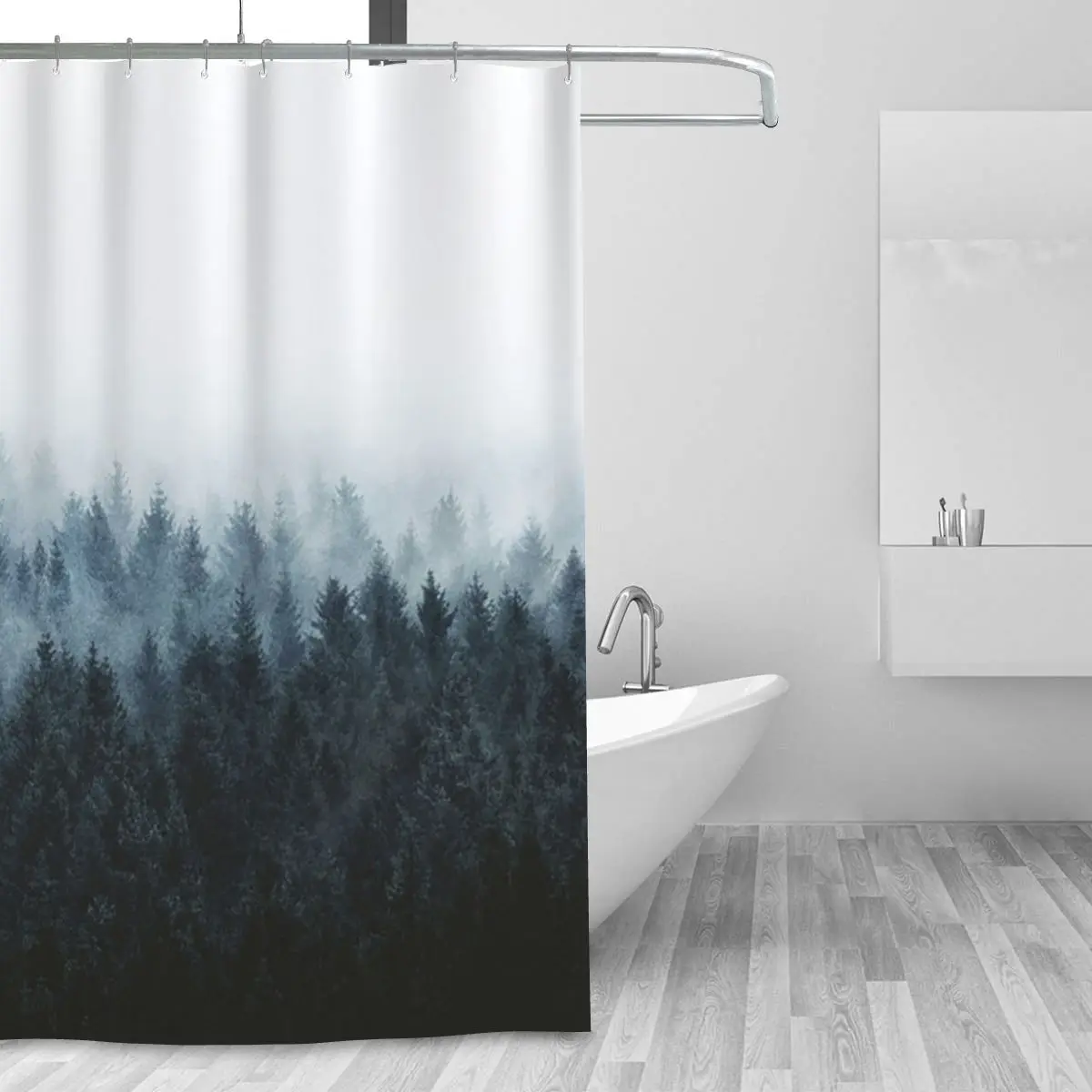 High And Low Dark Romantasy Moody Wilderness Dream Forest With Cascadia Trees Covered In Fog Shower Curtain Bath Curtains