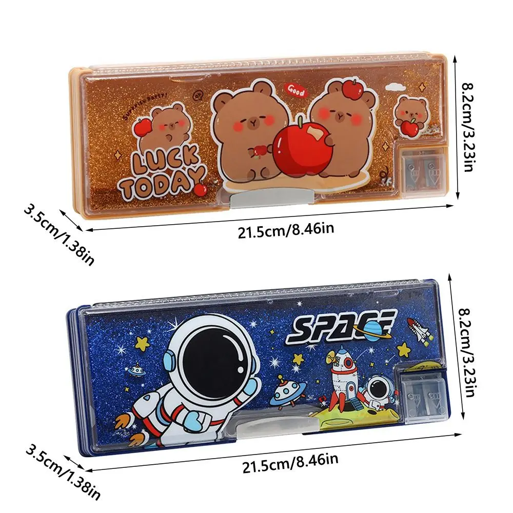 Capybara/Astronaut Multifunctional Pencil Case Quicksand Decor Large Capacity Stationery Box Double Sided Use