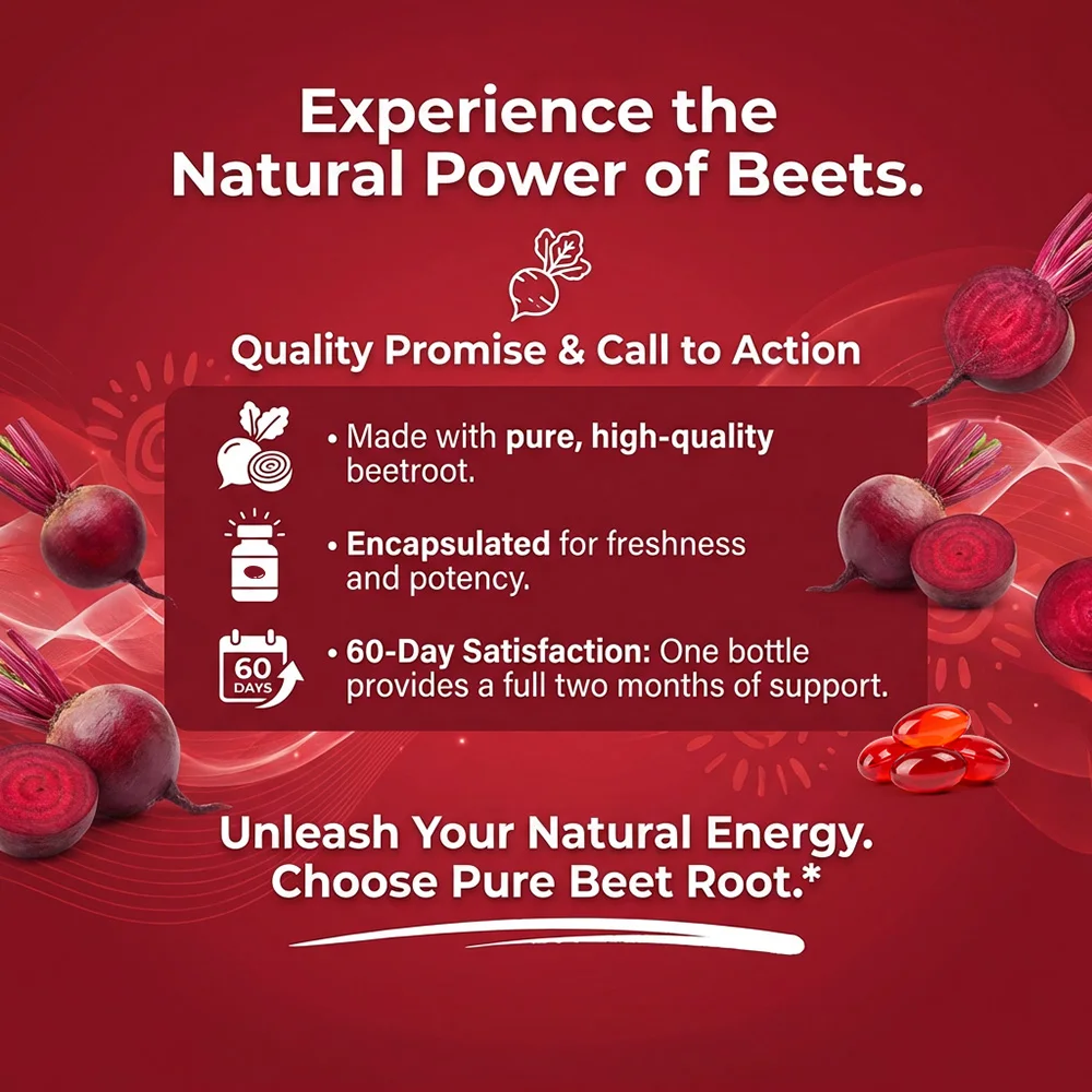 Organic Beetroot Capsules 1000mg, Supports Blood Pressure, Blood Circulation & Heart Health, Enhance Energy, Non-GMO