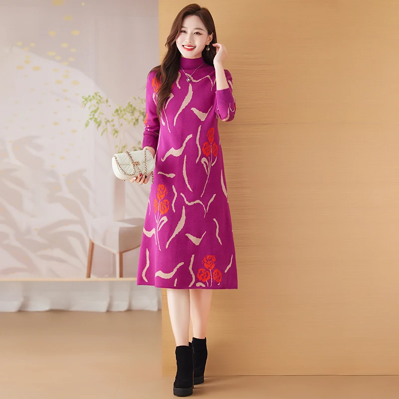 

Red Floral Knitted Long Sleeve Female's Pullovers Autumn Winter Thick Warm Sweater Dresses 2025 Korean Elegant Casual Sweaters