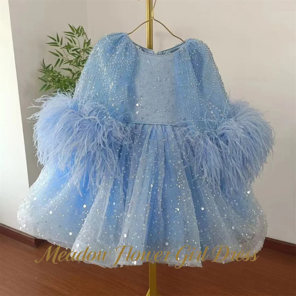Vestido de niña de las flores Meadow Powder azul claro con cuello redondo, vestido de cumpleaños para bebé y niña, vestido de desfile fluido con puños de plumas para niña