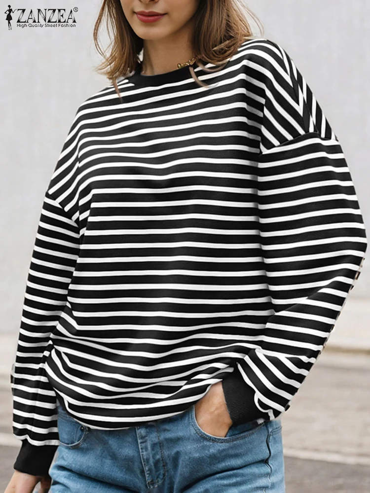 ZANZEA Stylish Casual Long Sleeve Loose Hoodies Pullovers Women Striped Tops Autumn Sweatshirts Fashion Work Blouse Streetwear