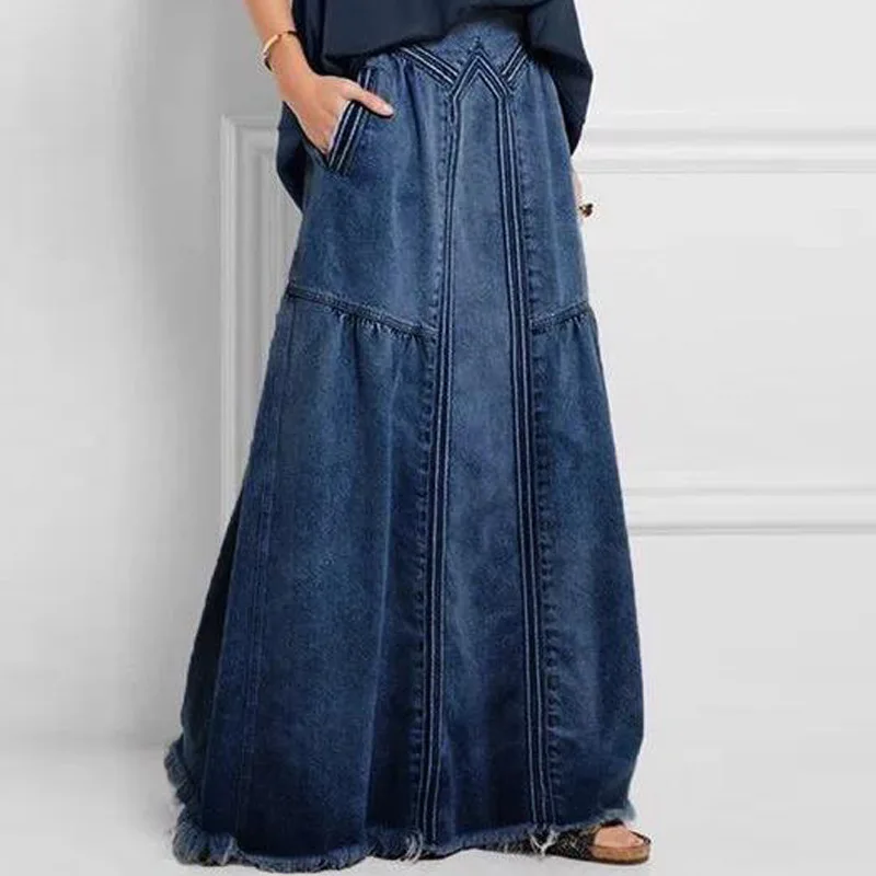 

Women's Denim Maxi Skirt Fashion Women Spliced Pocket Long Skirts Elastic Waist Elegant Long Skirt Spring Autumn Lady Bottom