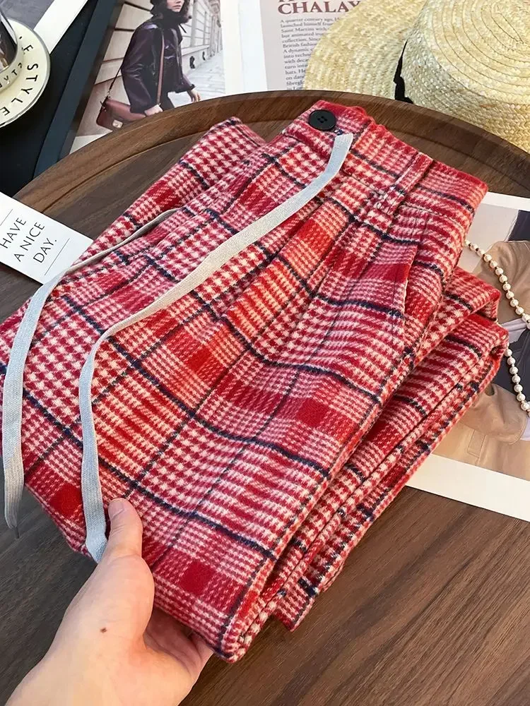 Hikigawa 2025 Spring Plaid High Waist Women Pants Chic Fashion Harajuku Drawstring Wide Leg Trousers Loose Vintage Pantalones