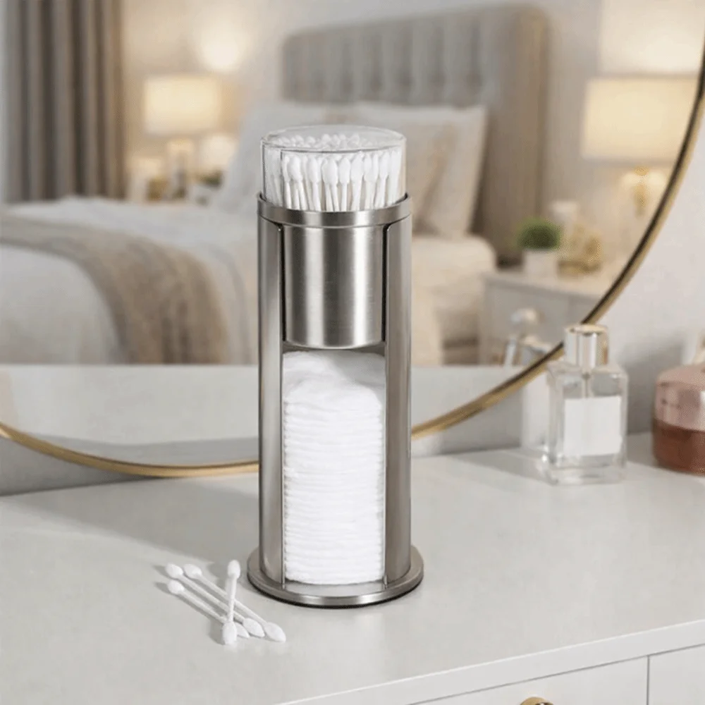 Stainless Steel Cotton Swab Storage Box Double Layer Round Cotton Swab Holder Detachable with Lid Pads Dispenser Desktop