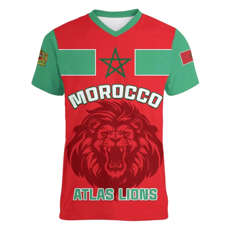 Morocco Football T-shirt For Men Clothing 3d Printed Moroccan Sports V Neck Tee Shirts GYM Tops Short Sleeve Casual Oversized