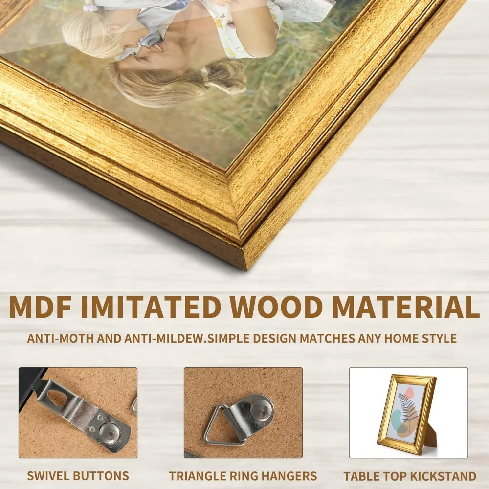 SYNTRIFIC 6PC 5x7in Gold Frames, Vintage Gold Picture Frames for Wall Mounting and Tabletop Display