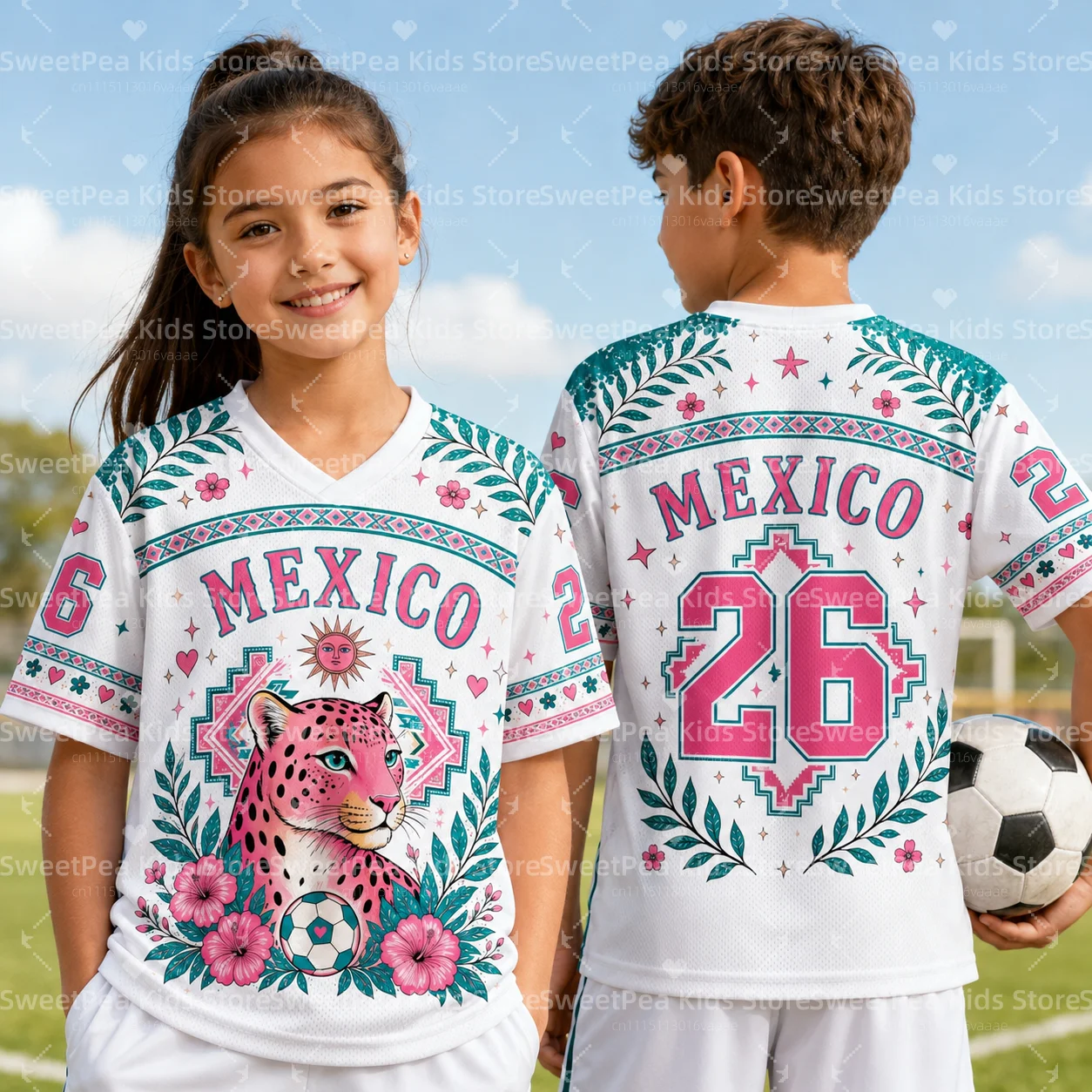 Children and Adults Mexican Pink Panther Cartoon Design Pattern Print Summer T-shirt V-neck Short Sleeve Pullover Loose T-shirts
