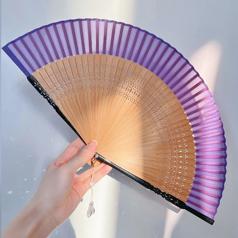 Purple Silk Bamboo Folding Fan Classic Style Portable Summer Cooling Daily Fan for Women Wedding Photography Lightweight Gift