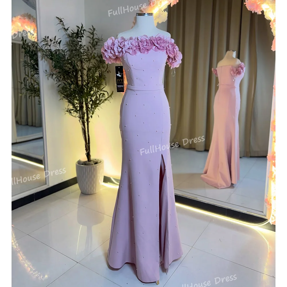 

Custom Made Sweety Boat Collar Handmade Flowers Evening Gown Beaded Pearls Sexy Sheath Backless Maxi Side Split Prom Dress