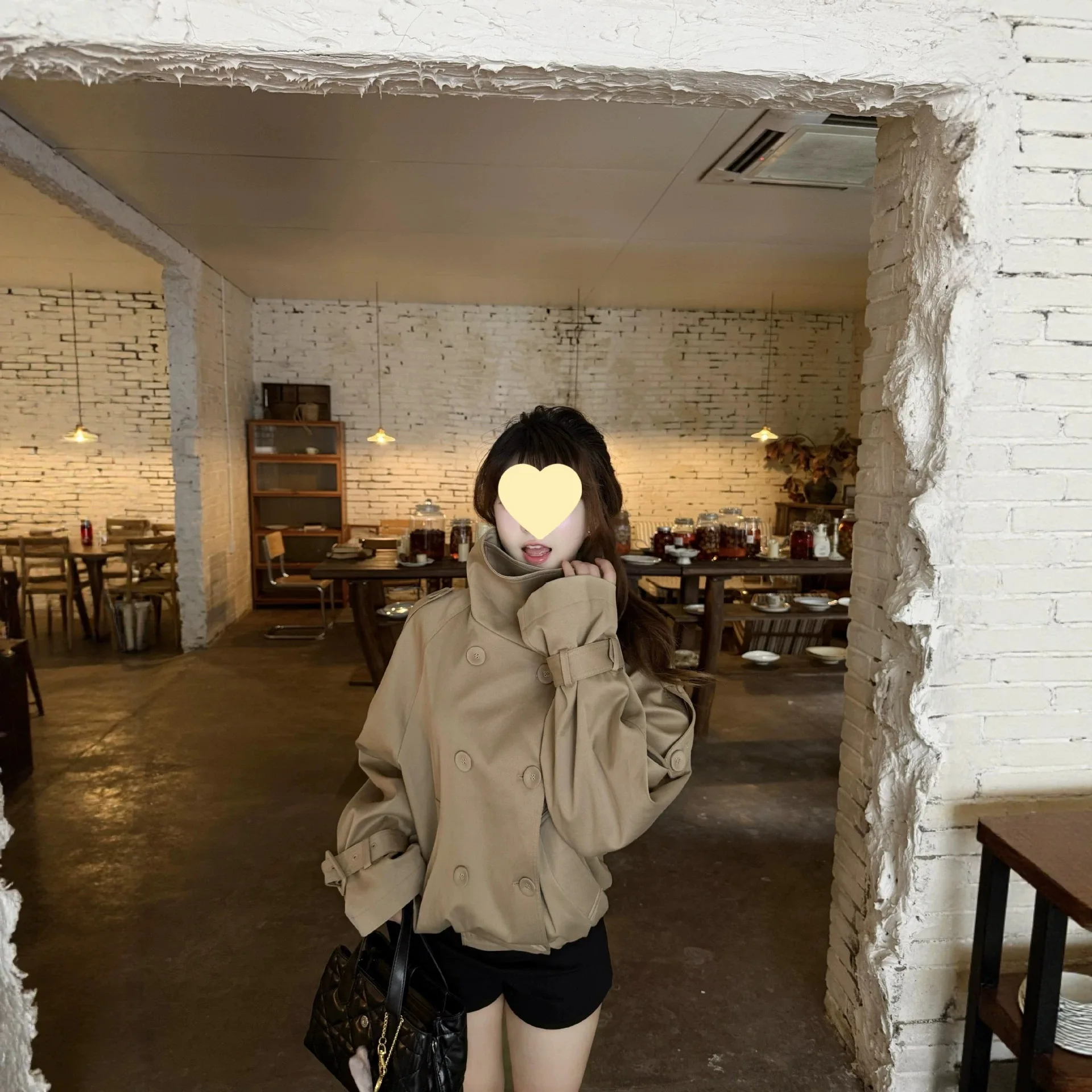 Korean Style Short Khaki Color Double Breasted Stand Collar Jacket Autumn Spring Women's Fashion Outerwear Coat Polyester Fabric