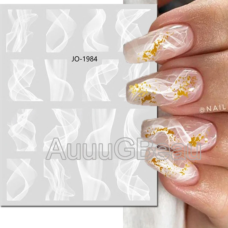 3d Nail Art Decals Geometric Lines White French Tips Marbles Waves Adhesive Sliders Nail Stickers For Nail Tips Manicure