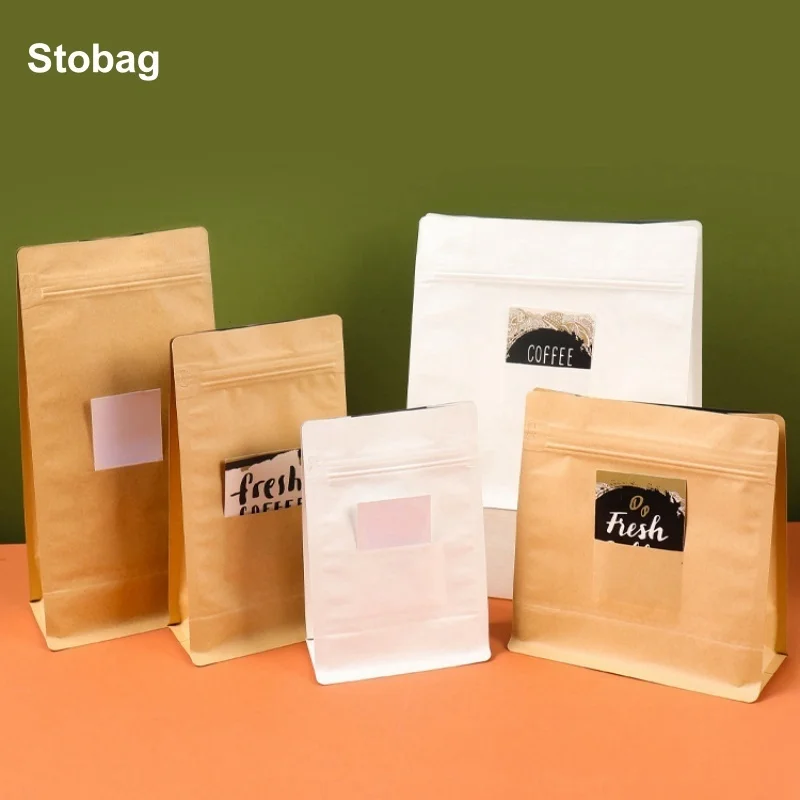 

StoBag 50pcs White Kraft Paper Coffee Beans Bag Packaging Valve Sealed for Food Powder Tea Nuts Gift Storage Reusable Pouches