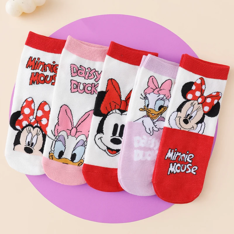 5 Pairs of Disney Sweet and Cute Minnie Mouse and Daisy Duck Cartoon Printed Cotton Medium Socks for Women Sweet Casual Socks view 2