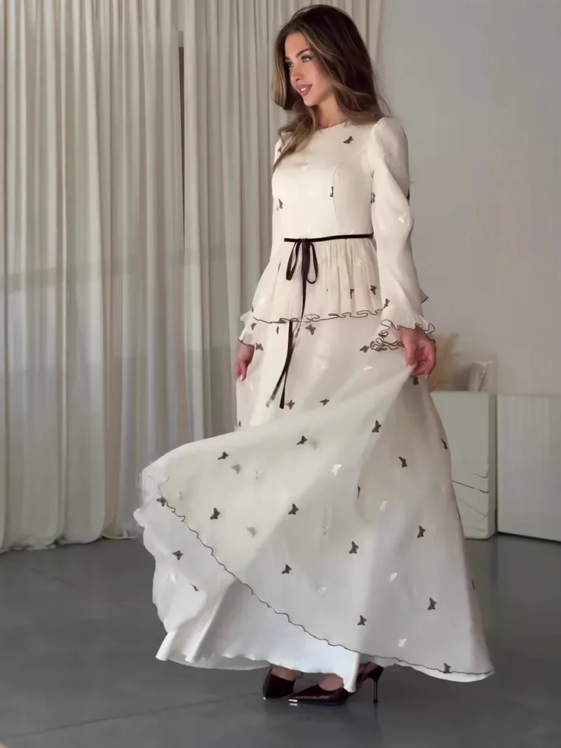 Elegante borboleta bordado em camadas babados chiffon vestido feminino 2025new elegante manga longa cintura amarrada roupões senhora chique outfit