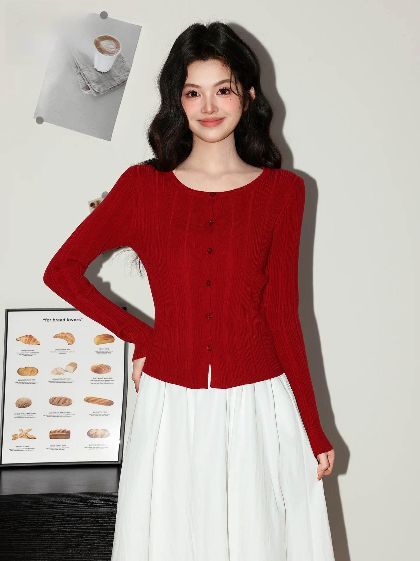 

Red Long Sleeve Knitted Open Cardigan Women's Slim Fit Design Casual Style New Year's Fashion Top