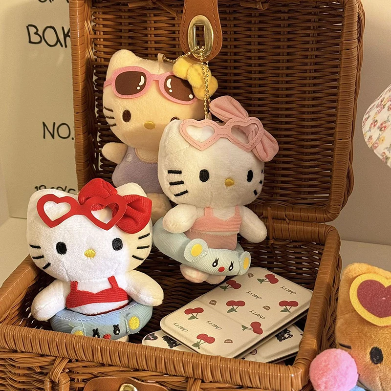 Sanrio Swimming Ring Hello Kitty Plush Doll Pendant Keychain Cartoon Cute Cat Car Seat Belt Shoulder Protect Cover Bag Charms