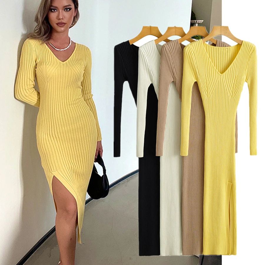 

Withered France Elegant Ins Fashion Blogger Vintage Rib Knitted V-neck Sheath Sexy Forking Party Midi Dress Women