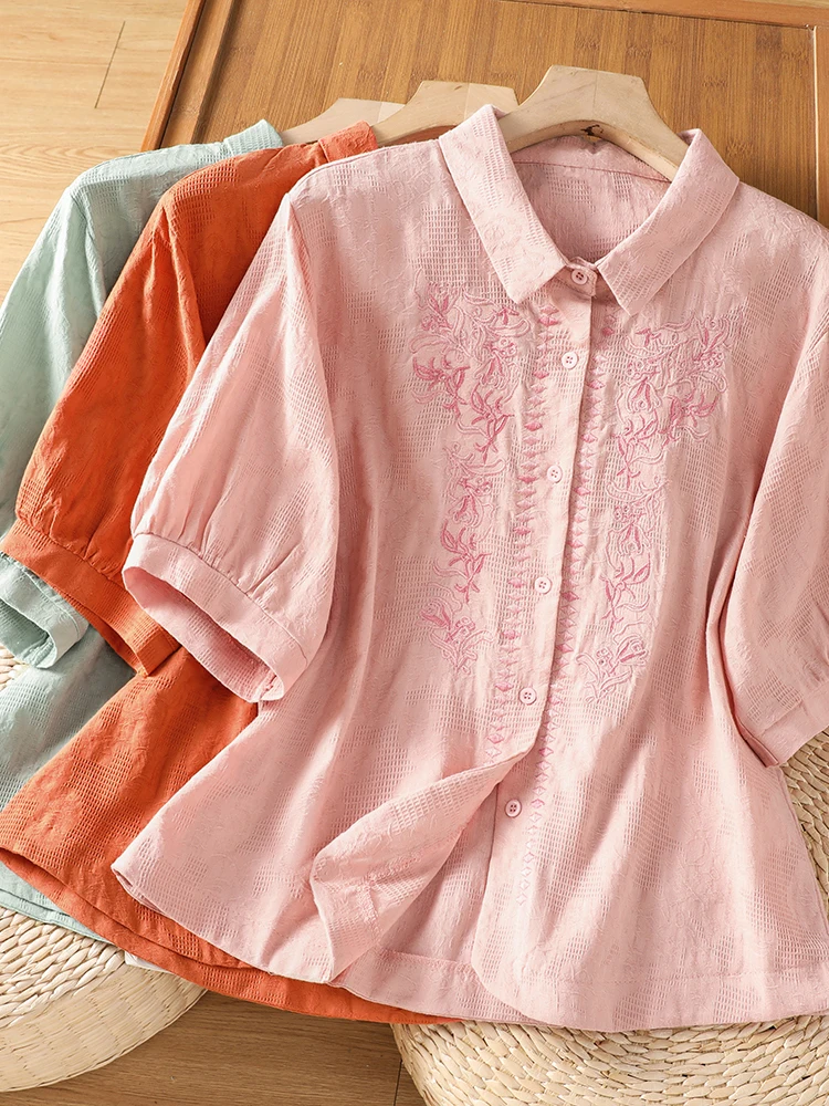 Elegant New Chinese Style Embroidered Short Sleeve Women's Shirt Artistic Fashionable Summer Breathable Casual Top