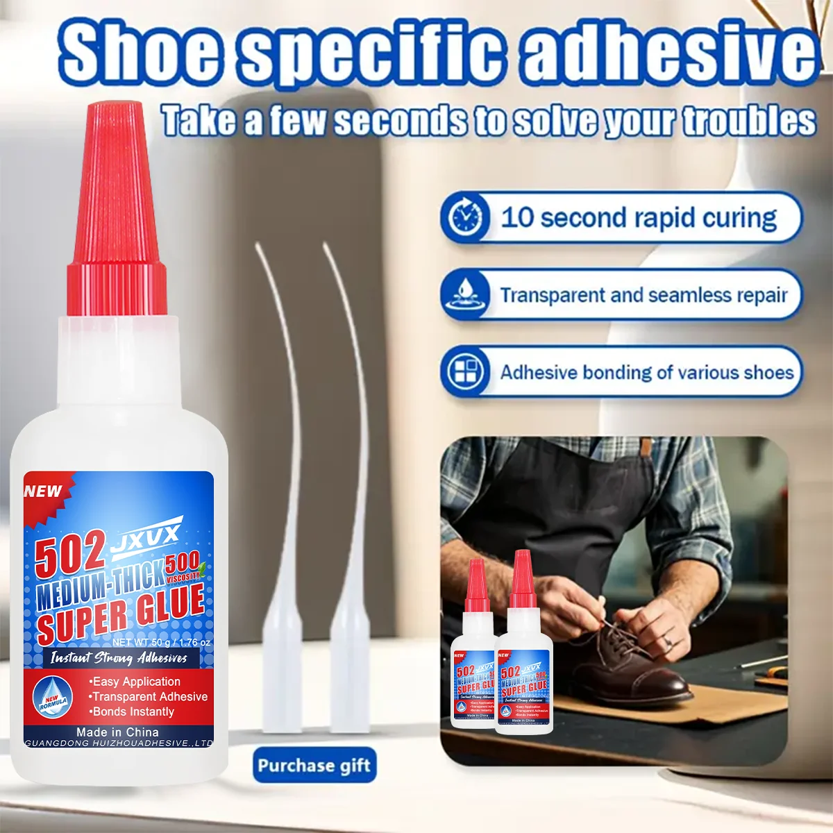50g 502 Instant Cyanoacrylate Super Glue, Professional Shoe Repair Glue, Strong Adhesive, Boots, Leather, Quick Repair Glue, Waterproof Multipurpose Repair Liquid Glue