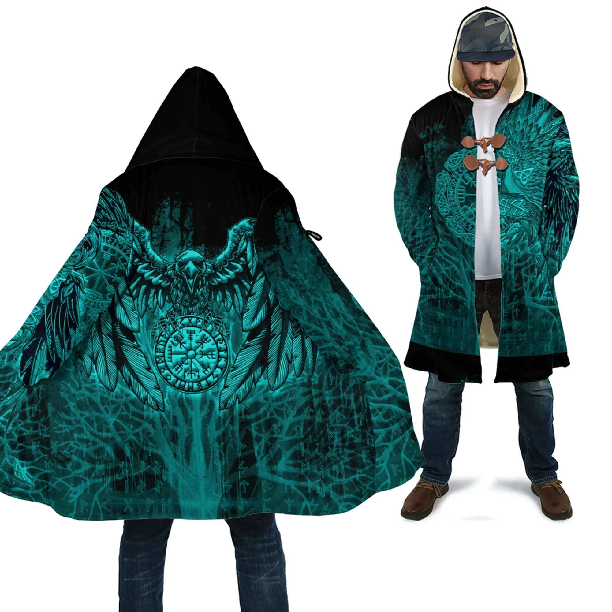 

Vegvisir Raven Turquoise Tattoo 3D All Over Printed Men's Fleece Hooded Cloak Winter Unisex Casual Thick Warm Cloak Coats PF109