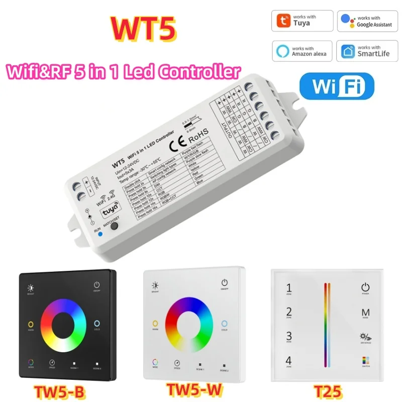 5w1 RGBCCT Tuya Led Controller WT5 12-24V TW5 T25 RF Wifi Controller Glass Touch Panel Dimmer for CCT RGB RGBW LED Strip Light