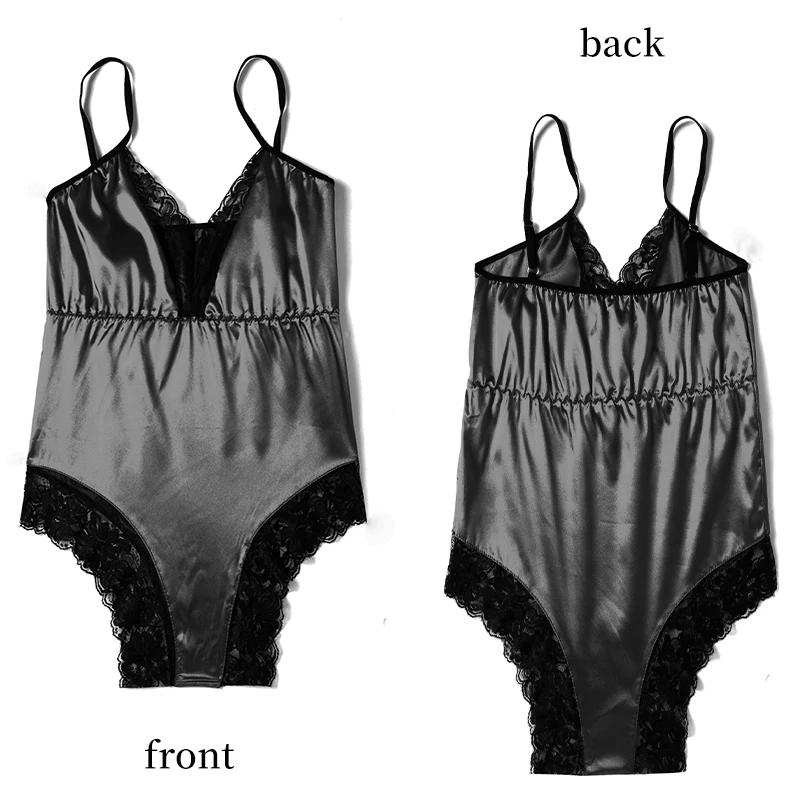 Women\'s Spaghetti Strap Dress Solid Color V-Neck Lace Backless Sexy Lace up Black Home Wear Satin Pajamas