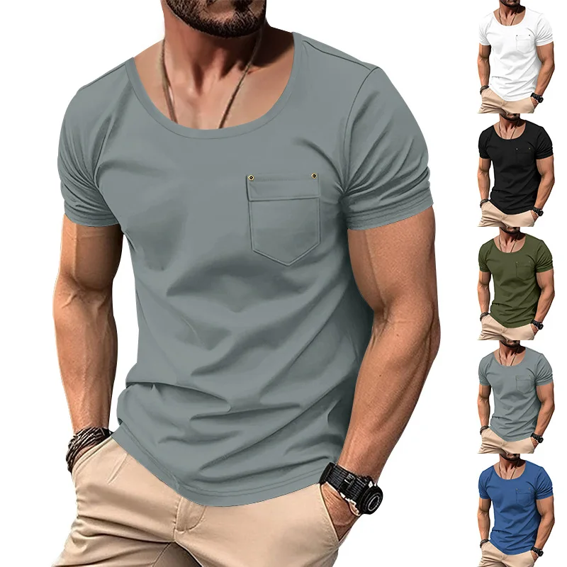 Summer New Men's T-shirt V-neck Sticker Pocket Solid Color Large Size Thin Men's Short Sleeves Men's