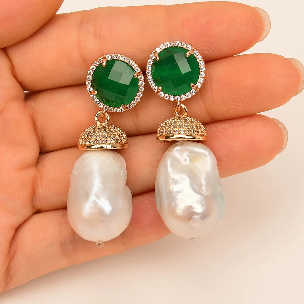 G-G Cultured White Baroque Pearl 24K Gold Plated CZ Green Jade Stud Earrings Dangle Lady Earrings Keshi Pearl Jewelry