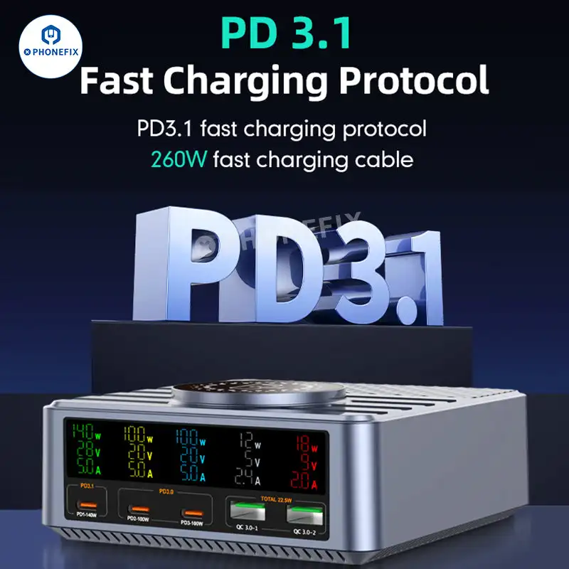 محطة شاحن متعددة المنافذ بقدرة 260 وات مع شاشة عرض رقمية للشحن اللاسلكي QC3.0 PD3.1 شحن سريع لهاتف iPhone Xiaomi ipad