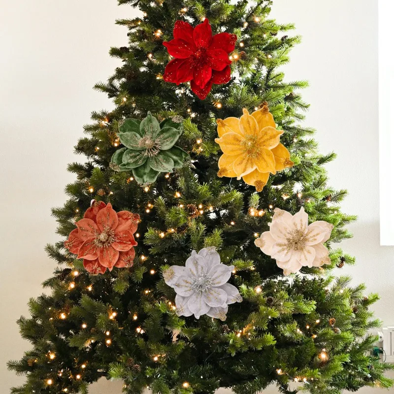 Glittery Gold-dusted Artificial Christmas Flower Head Ornament Floral Insert Accessories for Xtmas Tree Handmade Wreath Supplies