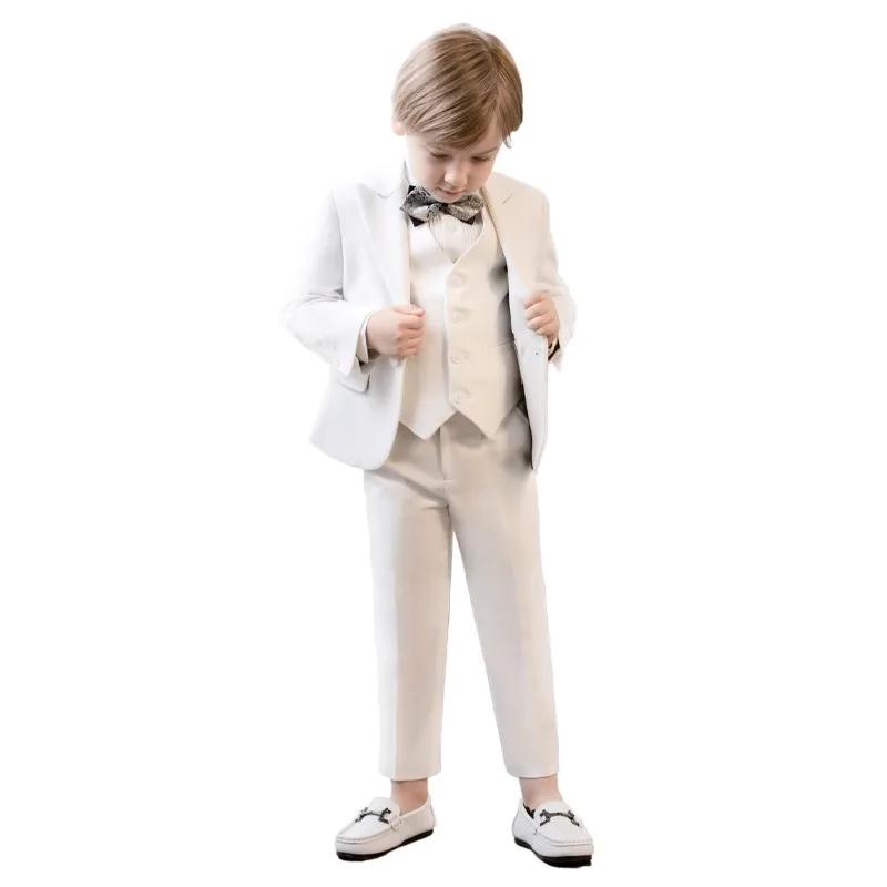 Children Jacket Vest Pants 3PS Ceremony Photograph Suit Kids Piano Performance Costume Flower Boys White Baptism Party Dress