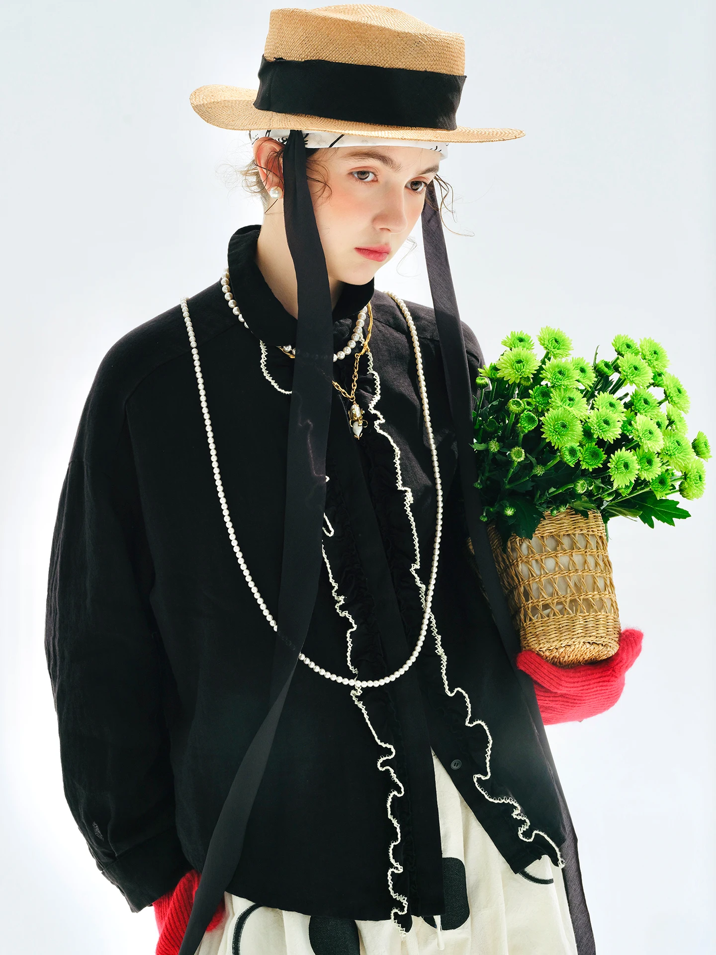 Imakokoni 2025 début automne bord fleuri haut noir décontracté à manches longues femme 255175