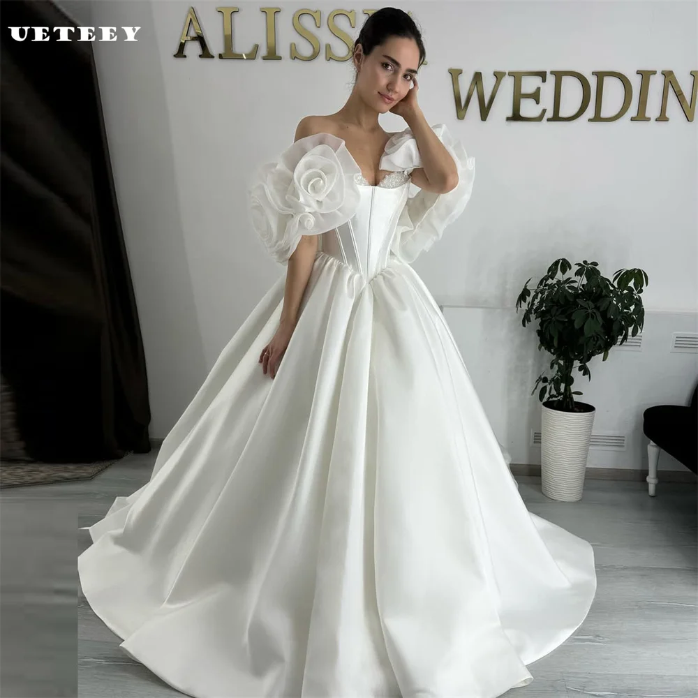 

UETEEY Customized Flowers Princess Off Shoulder Satin A Line Wedding Dress For Women Lace Up Back Bridal Gown vestidos de novia