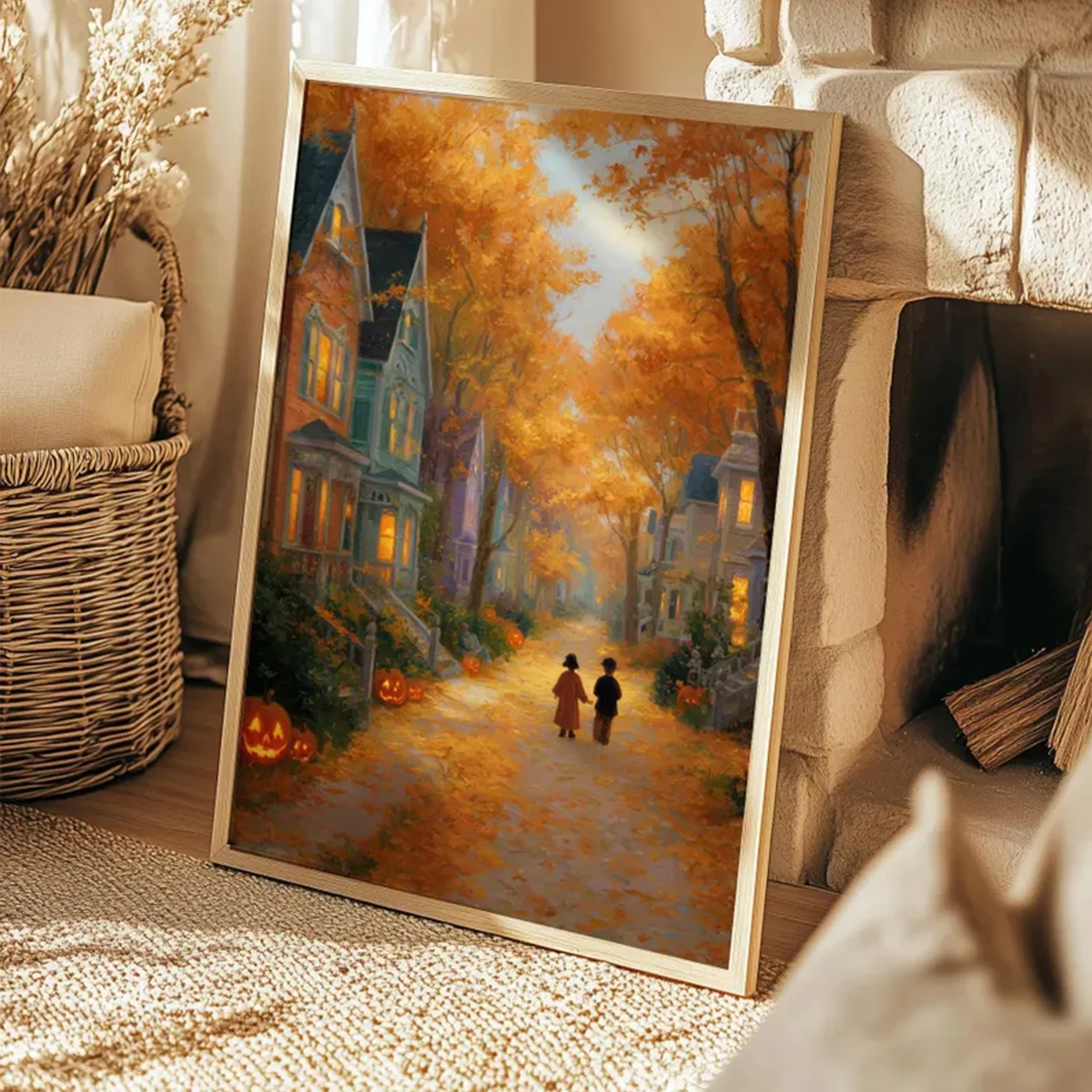 Modern Autumn Halloween Street With Fallen Leaves Wall Art Print Canvas Painting Poster Picture For Living Room Home Decor